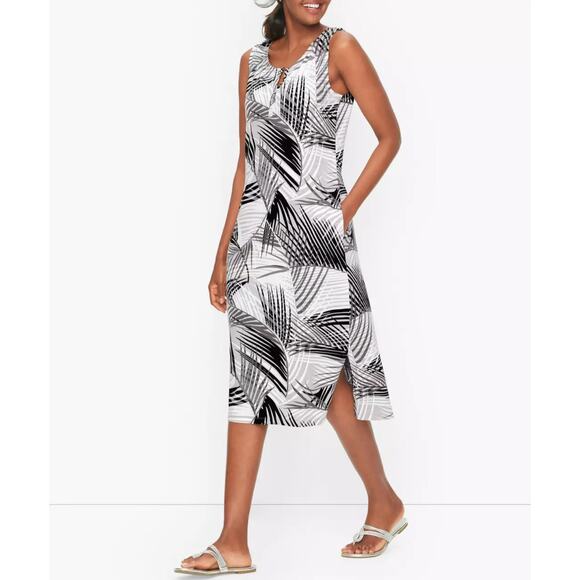 T by Talbots sleeveless midi cotton blend white gray palm fronds tropical size S - Picture 2 of 9